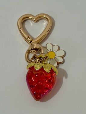 Gold Heart Keychain with Red Strawberry and White Daisy Charms